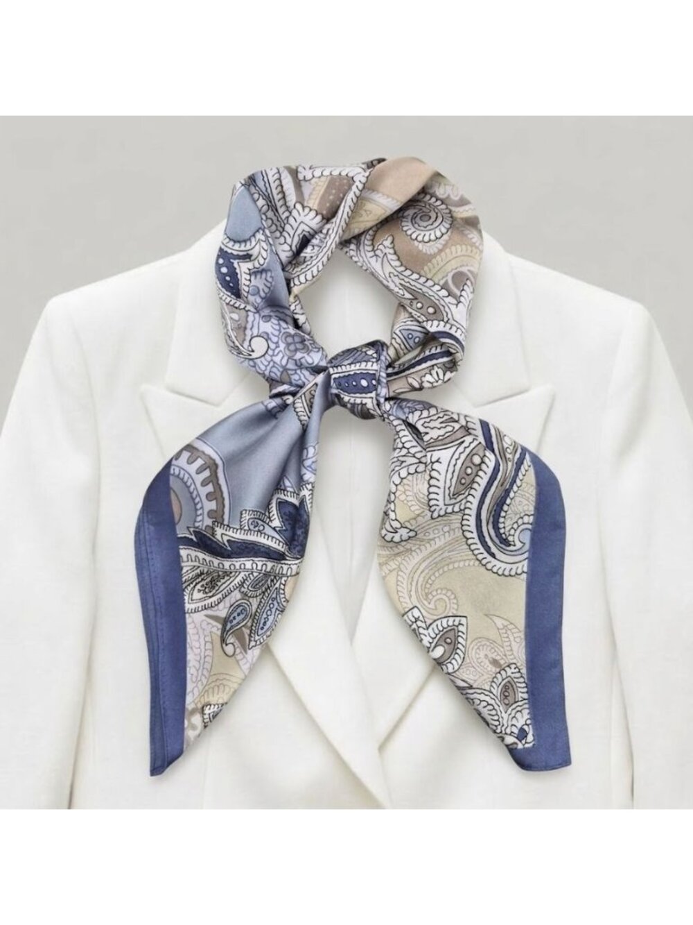 ✨Luxury Elegant Silky Square Scarf Navy Blue Silver Gray Tan Paisley Print Wrap✨